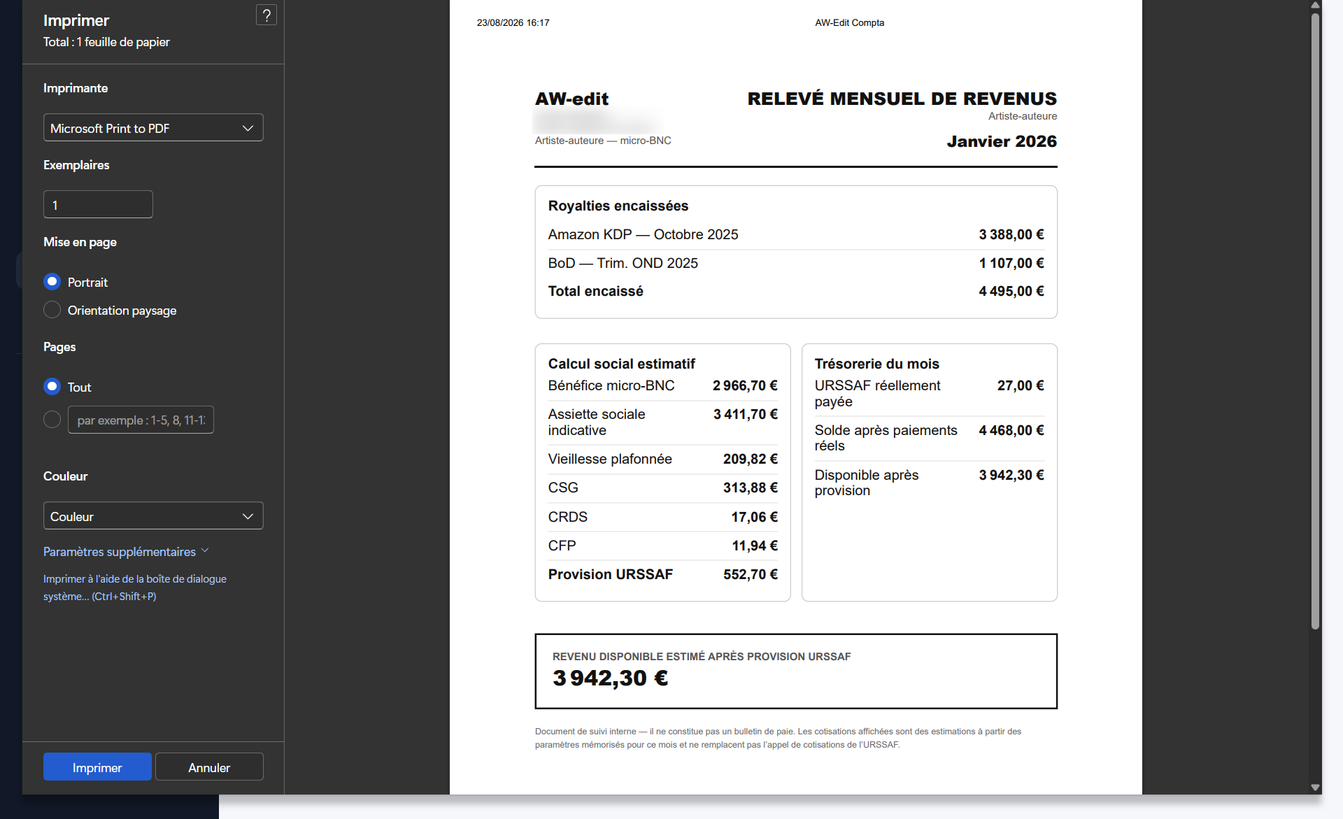 Relevé imprimer en pdf